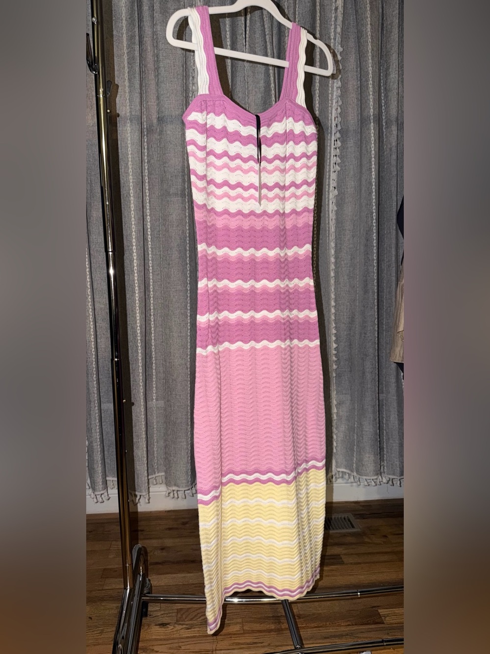 English Factory- Pink, White & Yellow Wavy-Stripe Knit Maxi Dress
